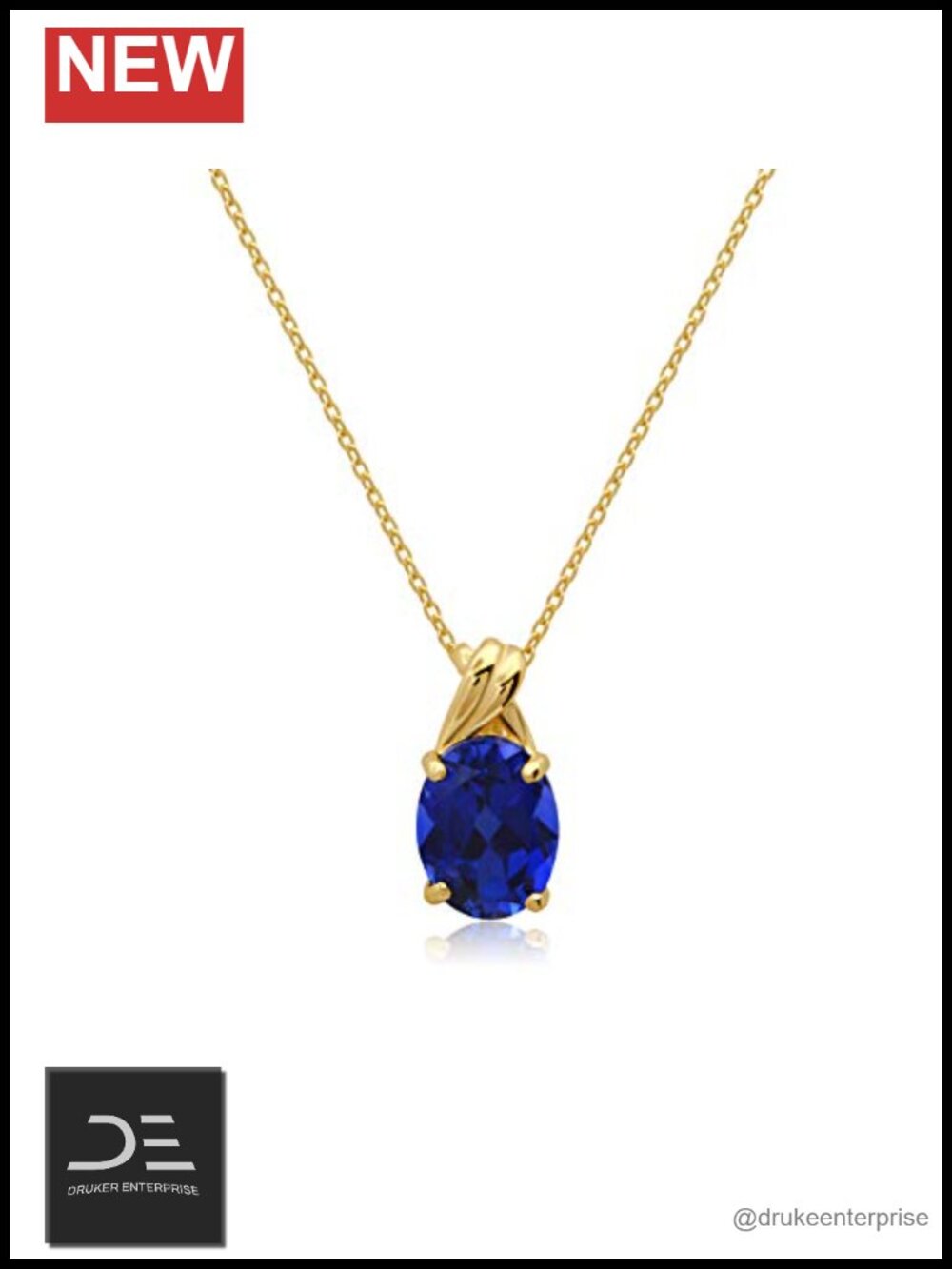 Solid 14k Gold Oval Pendant Necklace for Women, Blue Sapphire, 16-18 Inch Cable